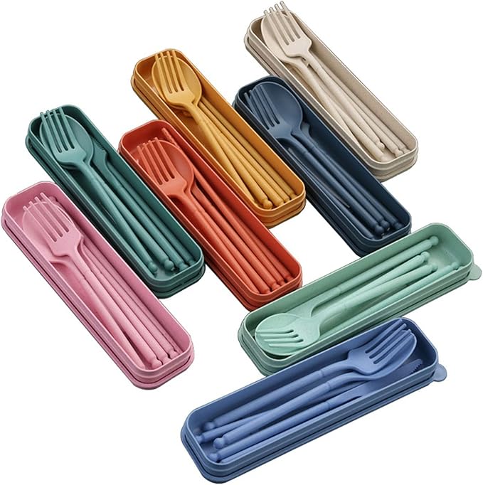 8-Color Wheat Straw Portable Utensil Set with Case – Reusable Travel Cutlery Set for Camping, Office, Picnic – Includes Spoon, Fork, Knife, Chopsticks
