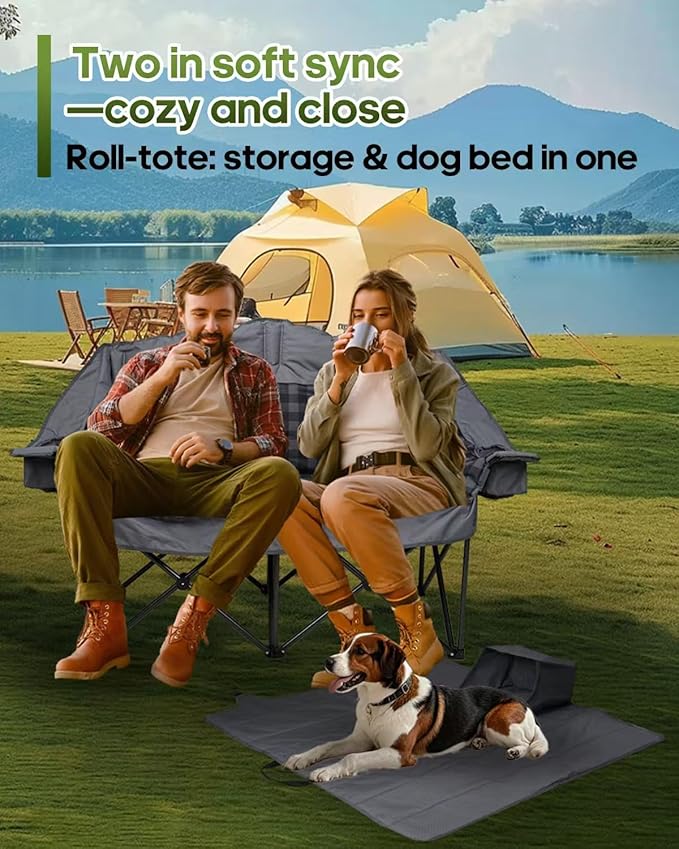 Double Camping Chair Padded Loveseat Camping Couch, Oversized 2 Person Camp Chairs with 2 in 1 Carry Bag, Heavy Duty Folding Lawn Chair Sofa with Cup Holders for Adults Patio Backyard Beach, Gray