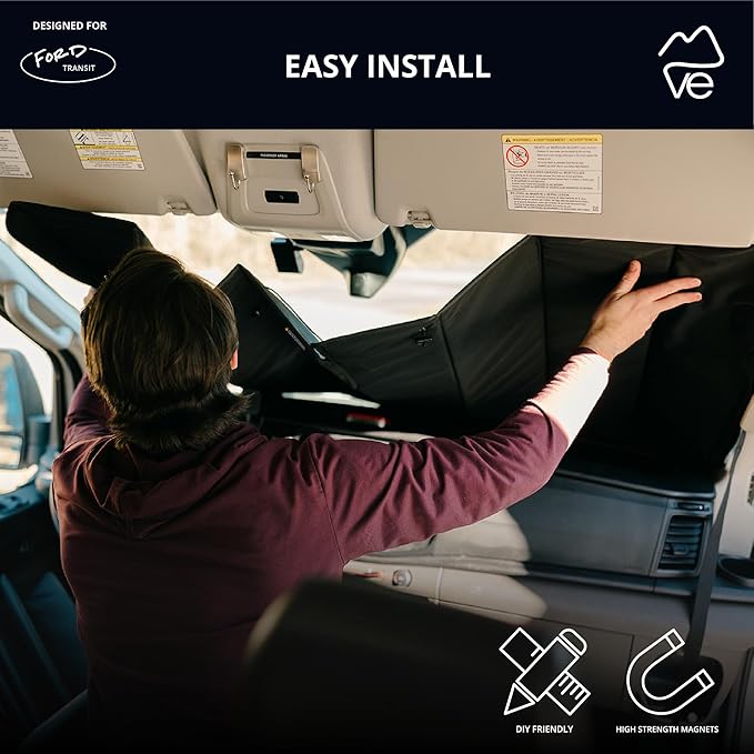 VanEssential Insulated Stealth Blackout Window Cover Designed for Ford Transit High/Medium Roof Front Windshield - Black