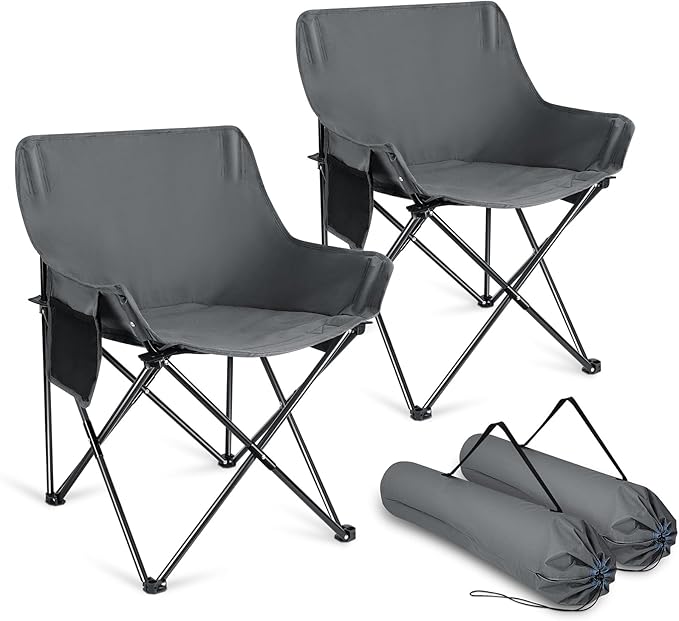 Joyfair Outdoor Camping Chair for Adult, Large Portable Folding Moon Chairs with Carry Bag for Patio Beach, Fishing, Lawn and More Outdoor Sports, 600D Oxford Fabric & Heavy Duty Steel (2, Grey)