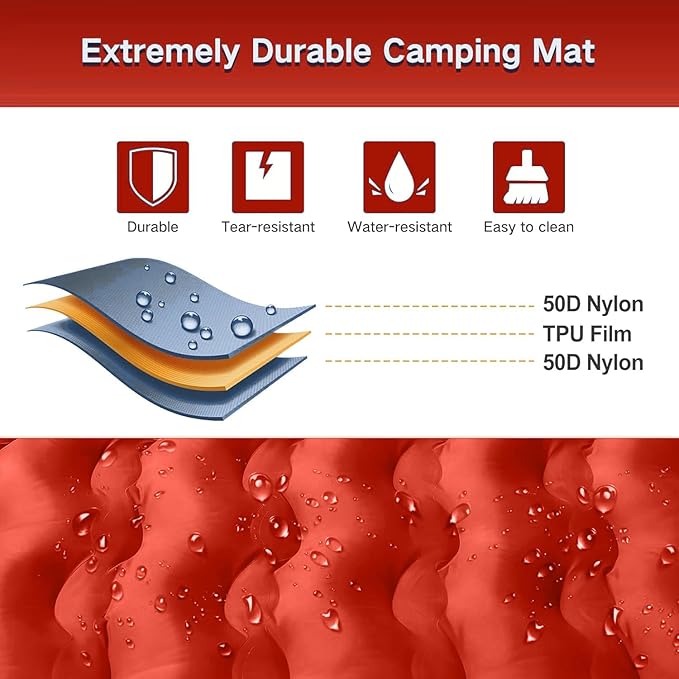 FNARMW Double Sleeping Pad Camping, Self Inflating 6'' Extra-Thick 2 Person Pillow Built-in Foot Pump Waterproof Inflatable Sleeping Mat Backpacking, Tent, Hiking, Portable Camping Pad (Orange-Black)