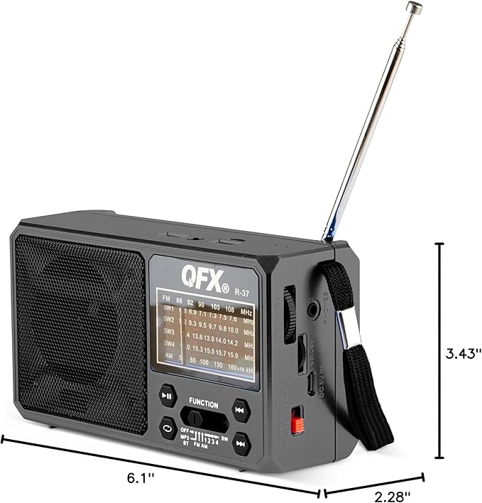 QFX R-37 6-Band (AM, FM, SW1 - SW4) Bluetooth LED Flashlight Solar Radio (2021 Model)