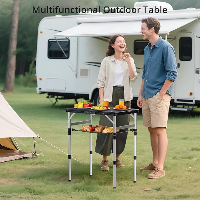 Anbte 2ft Small Plastic Folding Camping Table, Waterproof 3 Adjustable Height Portable Camping Table with Storage Net, Flat Tabletop, for Picnic Indoor Outdoor Travel Beach Patio, 22.8" X 15.7", Black