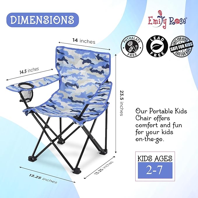 Emily Rose Kids Folding Beach Camp Chair with Safety Lock - Camping Travel Chair for Boys Girls Toddlers Ages 2-7 with Cup Holder & Carry Case (Blue Camo) Indoor Outdoor Lightweight USA Brand