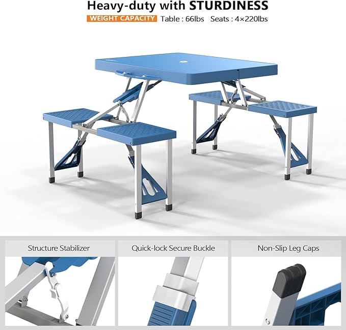 VINGLI 4 Ft Camping Picnic Table Set with 4 Seats with Umbrella Hole Folding Lightweight Suitcase Card Table-220 Lbs Support Aluminum Frame, Plastic RV Tabletop for Barbecue,Travel,Outing,Gathering