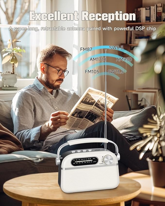 PRUNUS J-130 Radio Portable AM FM, for Dad and Mom, AC Power,Battery Operated/Rechargeable Radio for Emergency Use, Vintage Radios with Bluetooth for Outdoor/Home/Gift