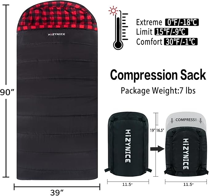 HiZYNICE Cold Weather Sleeping Bag 100% Cotton Flannel XXL for Adults Big and Tall,Free Compression Sack