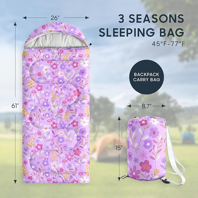Wake In Cloud - Kids Sleeping Bag for Girls Toddlers, Camping in Warm Cold Weather, Backpacking Lightweight Compact Outdoor Liner for 3 Seasons, Deer Floral Garden