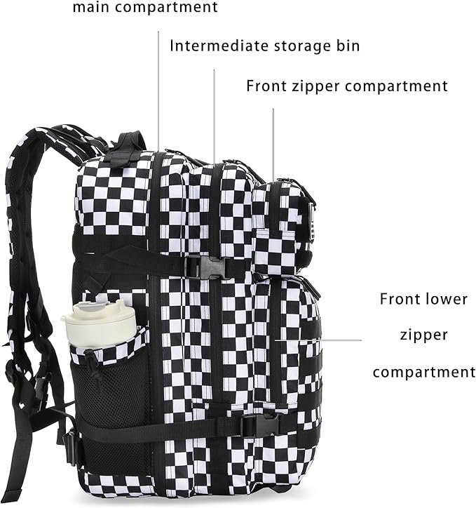 Lovelinks21 45L Tactical Assault Backpack 3 day assault pack with Molle Waterproof backpack Rucksack for Tactical Backpacks (Black and white check)