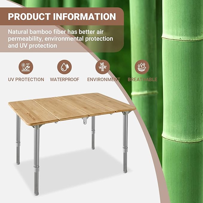 KingCamp Bamboo Folding Table Camping Table with Adjustable Height 4-Folds Compact Small Lightweight Portable Picnic Camp Table for Outdoor Backpacking Beach RV Travel Tailgating Barbecue, 1-2 People