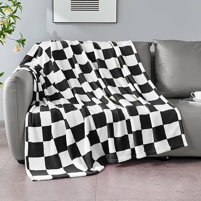 Edenleaf Black Checkered Blanket, Soft Cozy Fleece Checkered Throw Blankets for Bed Sofa Couch Camping, Ultra Fluffy Throws for All Seasons, 50x60 Inch, Black