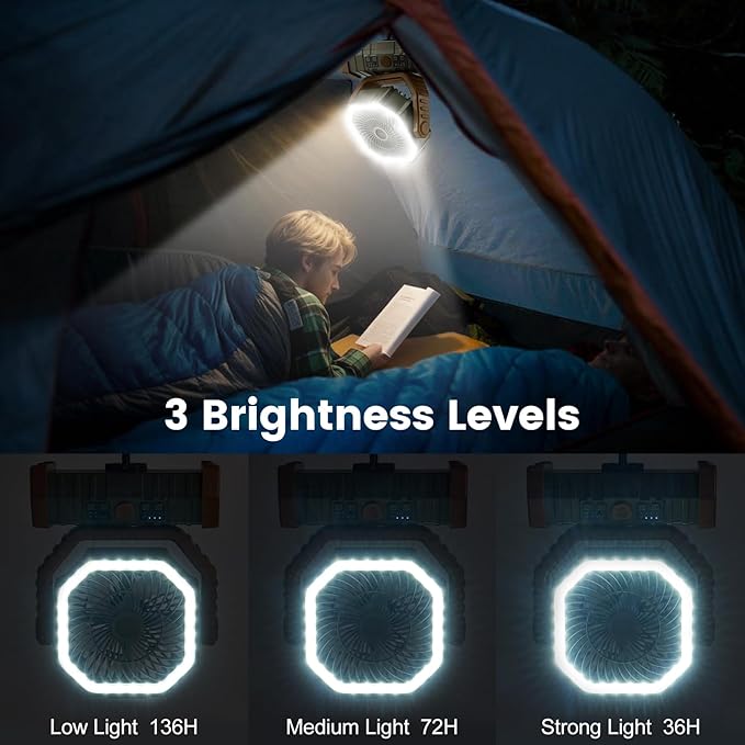 Odoland 30000mAh Camping Fan with LED Lantern, Rechargeable Battery Operated Oscillating with Remote Hook, Portable Tent Fan with Timer, 4 Speeds for Outdoor RV Jobsite Power Outage, Brown