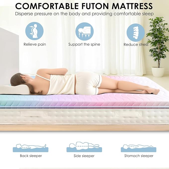 SCHNAUZER HOME Japanese Floor Futon Mattress, 3.5" Thicken Colorful Rainbow Portable Floor Mattress, High-Density Foam Tatami Mat Sleeping Pad for Camping Guest Room Dormitory RV, Twin