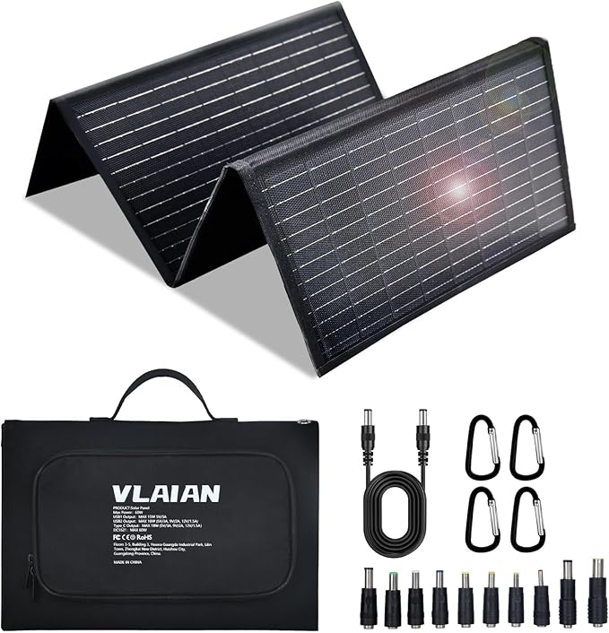 60W Portable Solar Panel,60 Watt Foldable Solar Panels Chargers with QC3.0 USB-A USB-C DC5521,IP67 Waterproof Power Emergency for Small Power Station Camping Hiking Outdoor