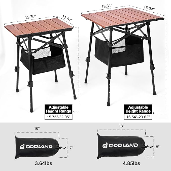 Odoland Portable Camping Table, 15.8"L x 11.8"W Folding Table with Adjustable Height 15.8" - 22", Small Beach Table with Storage Bag for Outdoor Camp, Cooking, Picnic, Travelling, Backyards, Fishing