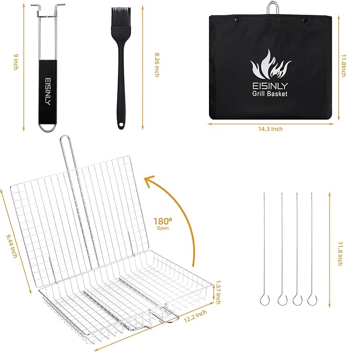 Portable Grill Basket, EISINLY BBQ Grilling Basket for Outdoor Grill with Removable Handle, Stainless Steel Camping Cooking Grill Accessories for Chicken Fish Vegetable