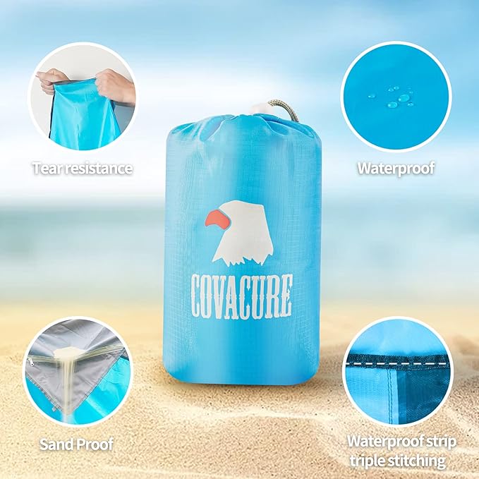 covacure Beach Blanket Waterproof Sandproof 79”X 83"- Large Beach Blanket Sandproof Fits for 4 Adults, Waterproof Beach Mat with 3 Zipper Pocket, Outdoor Beach Mat for Travel, Camping, Hiking