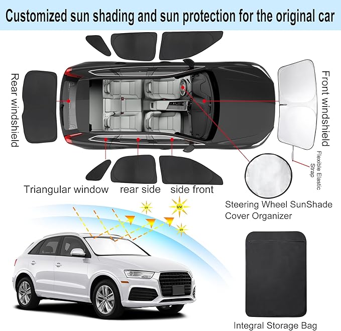 8PCS Windshield Sun Shade Custom Fit for 2013-2018 Audi Q3 Accessories Foldable Sunshade Side Rear Window Shade Cover Full Set Privacy Protection Keeps Car Cool