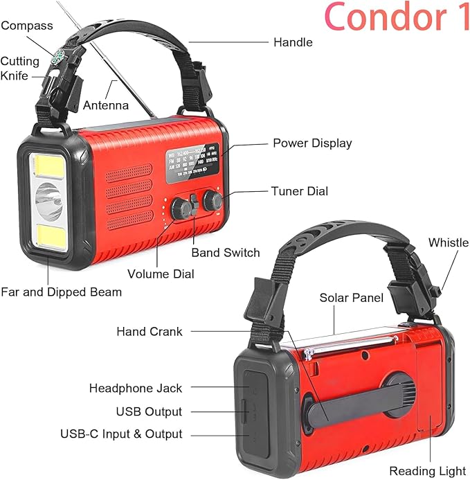20000mAh Emergency Weather Radio, Solar Hand Crank Portable AM/FM/NOAA Radio with Flashlight, Reading Lamp, SOS Alarm, USB-C Cell Phone Charger for Home Outdoor Survival-Red
