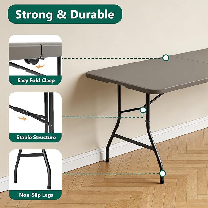 Folding Table 6ft - Heavy Duty Plastic Table with Handle, Foldable & Portable, Fold-in-Half Utility Tables for Outdoor, Dining, Wedding, Events, Indoor, Picnic, Camping, Party (Khaki)