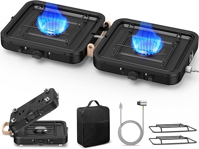 Propane Gas Stove, 17500 BTU, 2 Burner Folding Portable Camping Stove with Carrying Bag, Built to Last, Camp Stove for Camping, Car Travel, Yard Parties, Outdoor Cooking, Backpacking Grill Propane