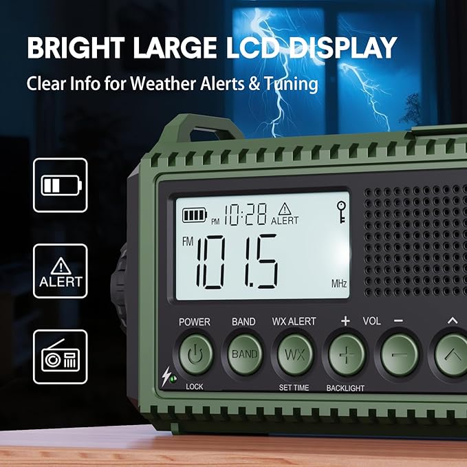 NOAA Emergency Radio with Auto Weather Alerts - 12000mAh Solar Hand Crank Weather Radio, 6 Power Sources, Bright LCD Digital Tuning, AM/FM/SW Receiver, SOS Alarm & Power Bank for Home Camping Survival