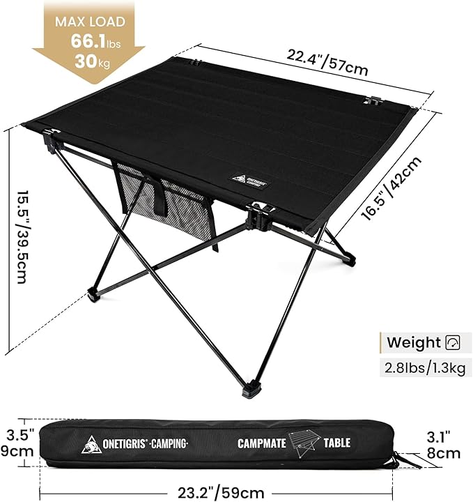 ONETIGRIS Foldable Camping Table, Lightweight Portable Table Sturdy & Quick Setup, Holds Up to 66 lbs, Perfect for Camping, Hiking, Backpacking, Picnic, Beach, Travel