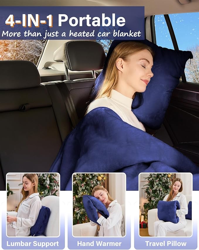 Car Heated Blanket, 12/24V Portable Heated Blanket for Car, Machine Washable Flannel Travel Blanket, 3 Heating Levels, 60x44 Inches, 4-in-1 Design, Convenient for Camping,Navy Blue