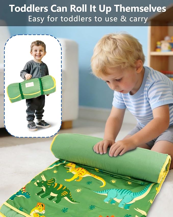 Primlect Lightweight Toddler Nap Mat, Portable Rolled Design Perfect for Daycare Travel, 51”x31 All-in-One Sleeping Bag with Removable Pillow and Fleece Blanket for Boys Girls, Machine Washable