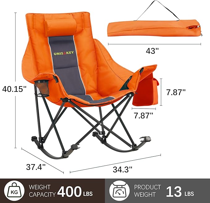 Unisakey Oversized Rocking Camping Chair with Headrest & Cup Holder - 400lbs Capacity, 600D Oxford Fabric, Easy Fold Portable Outdoor Rocker Chair for Camping, Backyard, Beach, Orange