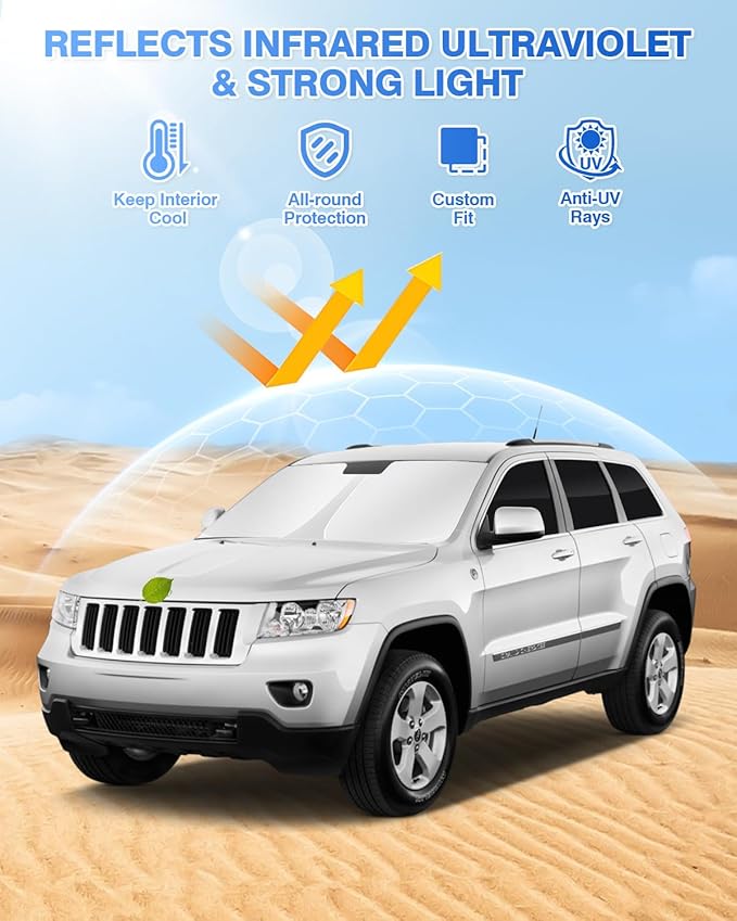 Canvcle Windshield Sun Shade for Jeep Grand Cherokee 2011-2021 Side Rear Window Shade Cover Sun Visor Shield Privacy Protection Keep Vehicle Cool Black 8PCS