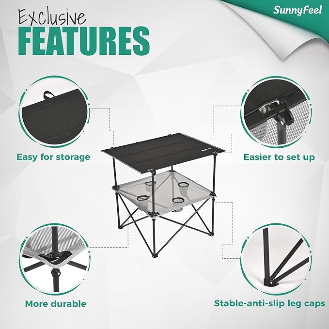 SUNNYFEEL Folding Camping Table- Collapsible Portable Beach Table with 4 Cup Holders & Carry Bags, Tailgate Table for Outdoor Excursion Picnic Hiking Fishing Travel Parties, Black