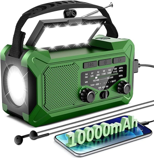 Emergency Hand Crank Weather Radio,Toolchums 10000mAh AM/FM/NOAA Solar Powered Radio with Phone Charger, USB Charged, LED Flashlight Reading Lamp Headphone Jack, SOS Alarm
