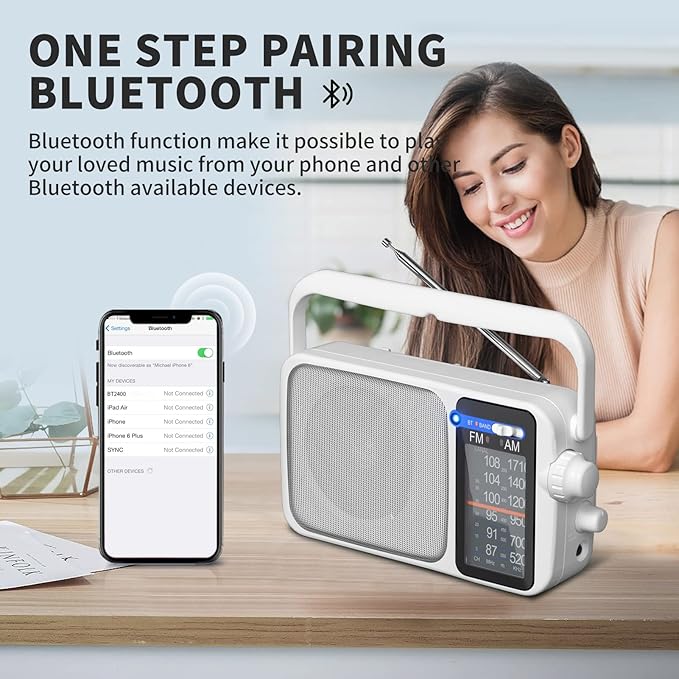 YOWGULF AM FM Radio with Best Reception,Bluetooth Portable AM FM Transistor Radio,Battery Operated or AC Power,Large Dial,Headphone Jack, Gifts for Seniors Elderly
