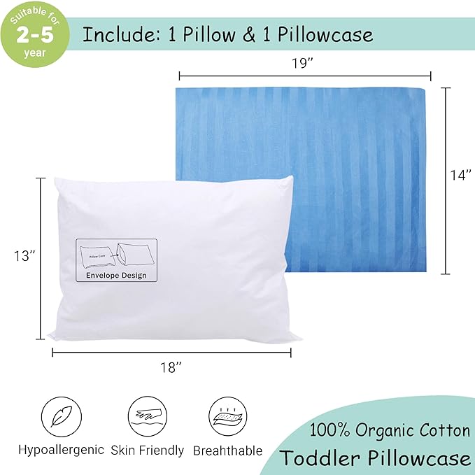 ZPECC Toddler Pillow with Pillowcase - 13x18 Organic Cotton Hypoallergenic Kids Pillow, Baby Essentials for Travel Crib Daycare Stroller (Intended for Age 2 and up) Blue Stripe