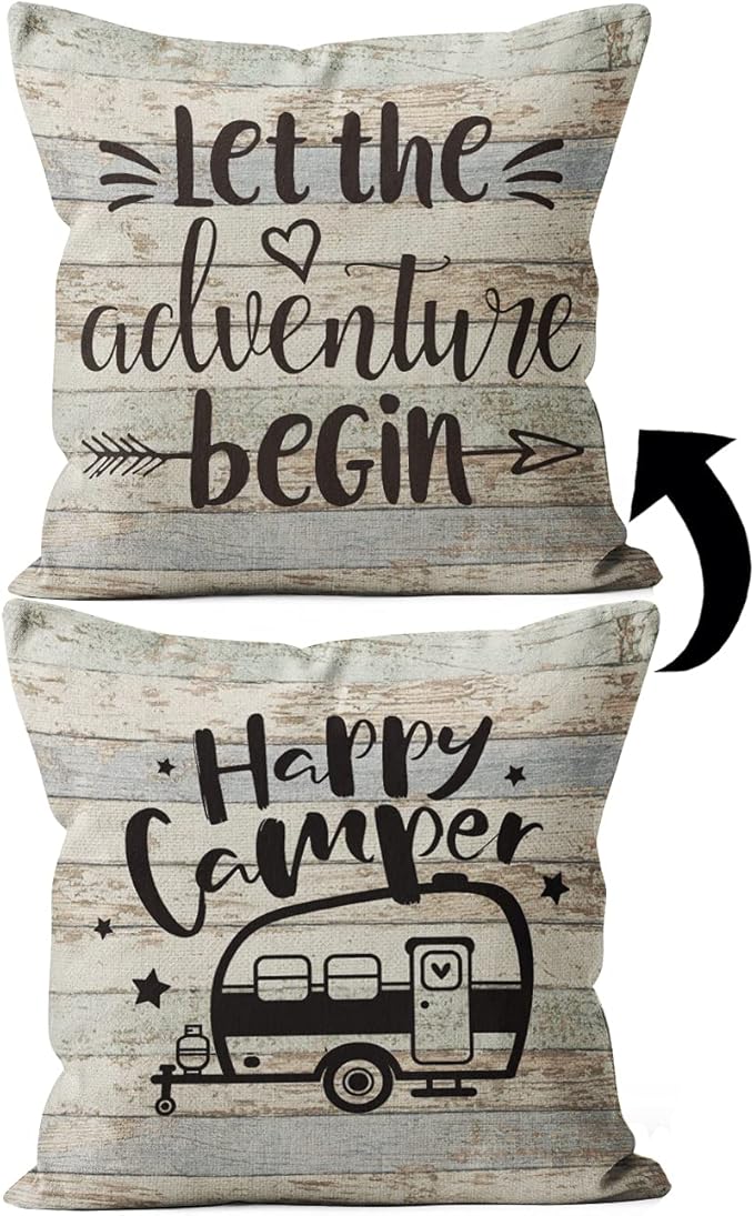 Happy Camper Pillow Covers - Two-Sided Printing Linen Pillow Cover 18x18, Camper Decorations for Inside, RV Gifts