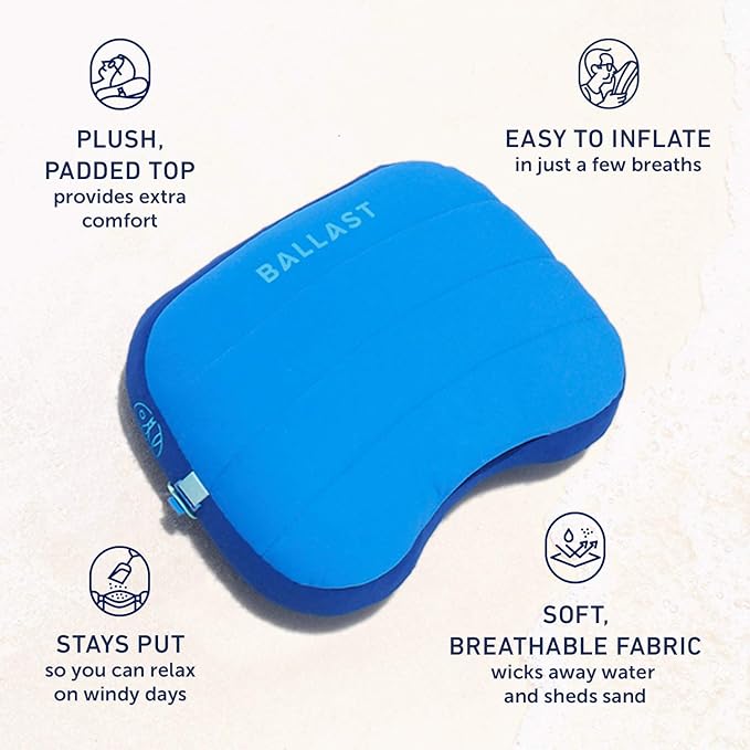 Ballast Beach Pillow – Comfy, Durable & Compact, Stays Put on Windy Beaches with Patented Sand Pouch, Inflatable Pillow for Beaches, Pools, Camping, Festivals and Travel (Golden Sunrise)