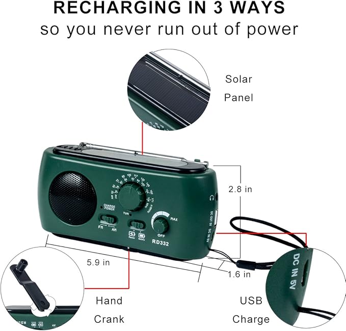 Emergency Radio with Solar and Crank Charger, 3 LED Flashlight Battery and USB Recharging FM/AM Radio 500mAh Power Bank Mobile Phone Charger for Recreational Camping Hiking Survival (Green)