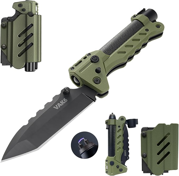 VIPERADE VAK6-S Survival Multitool with Folding Knife, LED Flashlight and Pulse Ignition, EDC Pocket Knife for men, Rechargeable Flashlight with Belt Sheath (Green)