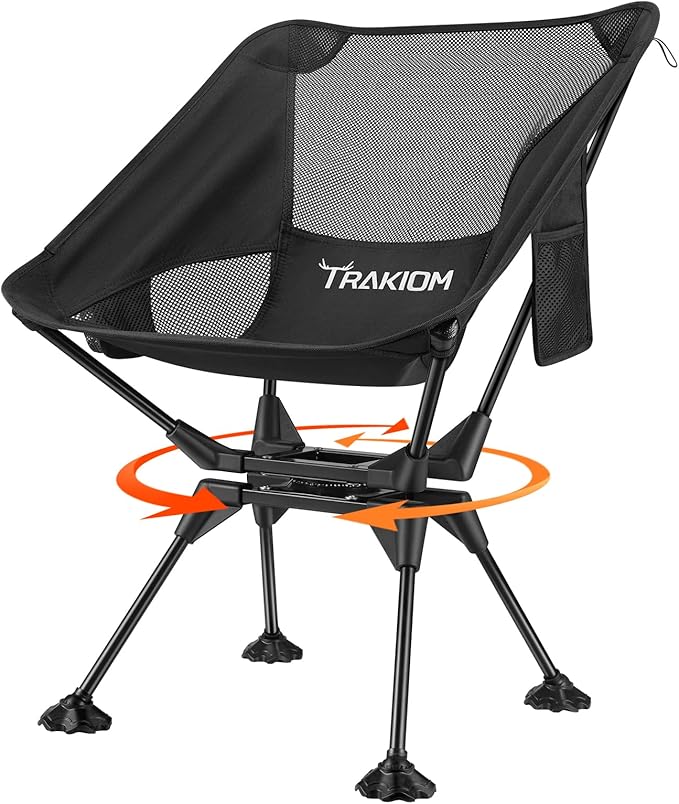Trakiom 360° Swivel Folding Camping Chairs, Compact and Portable Chair for Outdoor Camp, Foldable Chairs with Anti-Sinking Large Feet for Travel, Beach, Picnic, Sports, Fishing Support 300 LBS(Black)