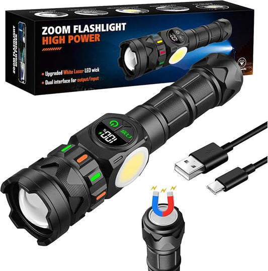 Rechargeable Flashlights High Lumens 5000 Long Distance, Super Bright LED Flash Lights with COB Sidelight USB C LCD Display, Daul Light Source & Buttons with Red Light, for Camping Hiking Emergency