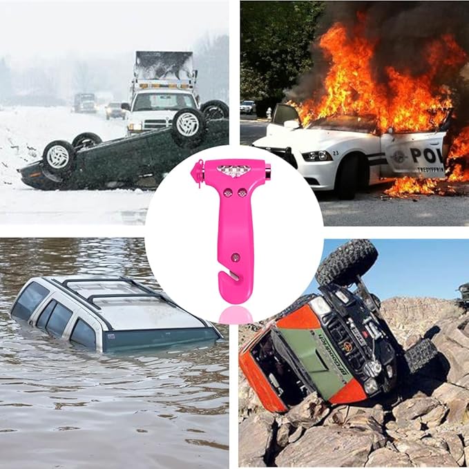 MOTORBUDDY 2 Pack Car Safety Hammer, Pink Emergency Escape Hammer with Window Breaker and Seatbelt Cutter for women,Interior Car Safety Escape Tool Accessories