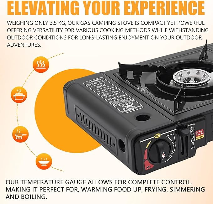 Portable Camping Stove｜24,000 BTU Dual Burner Gas Grill w/Removable Case｜Compact 24.8" Outdoor Cooker for RV Tailgating｜Stainless Steel 2-Burner Propane Stove