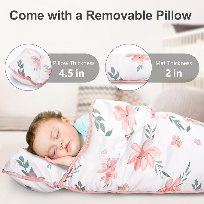 Primlect Thickened Toddler Nap Mat with Removable Pillow and Minky Blanket, Extra Large 55''x35'' Sleeping Bag, Washable, Roll up, Perfect for Daycare, Preschool, Kindergarten, Boys and Girls Flowers