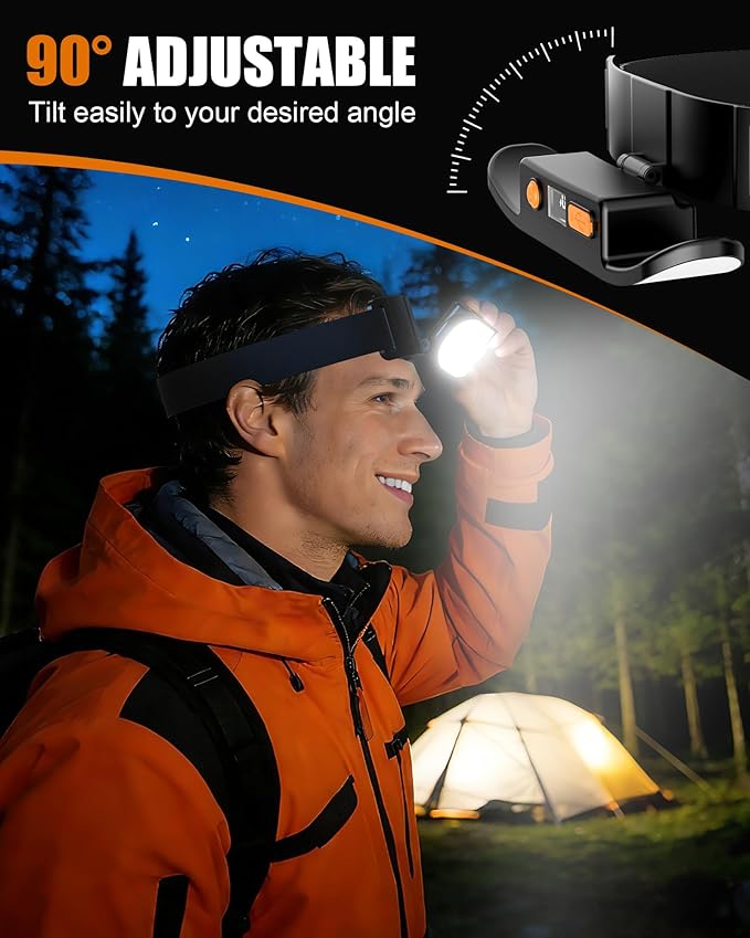 Headlamp Rechargeable, 230° Wide Beam LED Head Lamp with Digital Power Display, 90° Adjustable Tilt & IPX5 Waterproof Headlights Flashlight for Camping, Hiking, Running, Repairing, Fishing