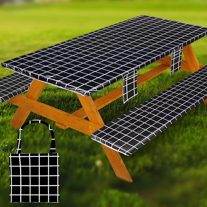 Picnic Table Cover with Bench Covers Vinyl Elastic Edges Fitted Rectangle Seat Tables Waterproof 3-Piece96X30in Set Outdoor Rectangular Folding Backing Tablecloth for Camping Over Size