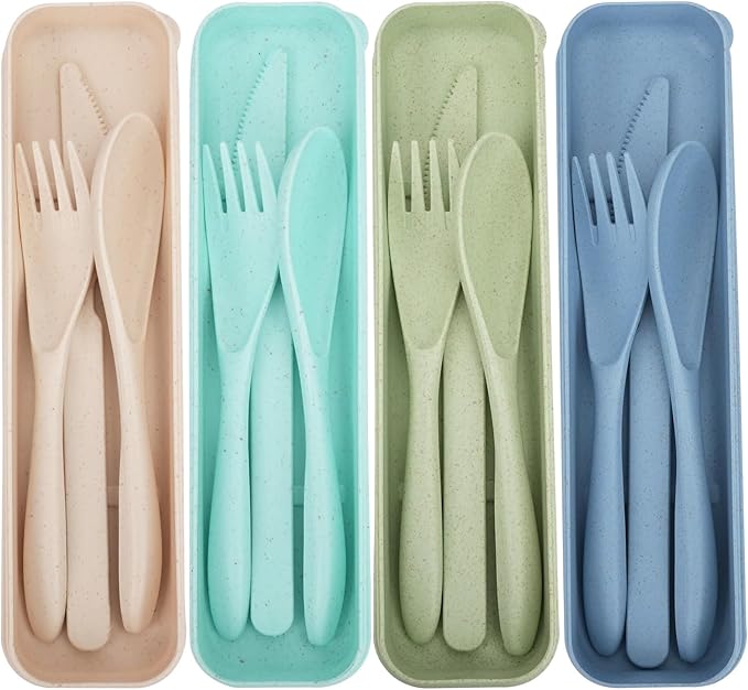 Knives Spoons and Forks Set, Portable Cutlery Set, Reusable Flatware Set for 4, Utensils for Party, Travel, Work, Picnic, Camping or Daily Use (Beige, Blue, Mint green, Light green)