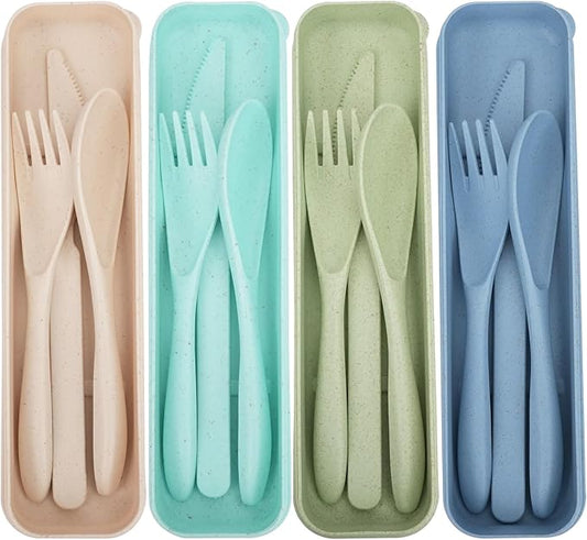 Knives Spoons and Forks Set, Portable Cutlery Set, Reusable Flatware Set for 4, Utensils for Party, Travel, Work, Picnic, Camping or Daily Use (Beige, Blue, Mint green, Light green)
