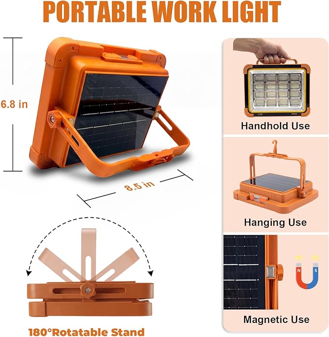 Vcwtty 120W Solar Rechargeable Work Light, 192 LED 10000LM Portable Flood Light with Stand，LED Work Light with 5 Modes，IP66 Waterproof Outdoor Light for Mechanic Camping Fishing Repair (1)