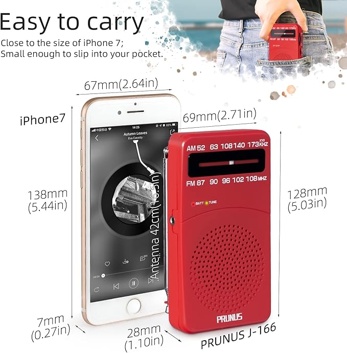 PRUNUS J-166 Portable Radio AM FM, Gifts for Dad and Mom, Battery Operated Radio with Tuning Light, Back Clip, Excellent Reception, AM FM Radios Portable, Transistor Radios